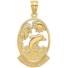 14K Yellow Gold Sarasota with Dolphin and Sunset In Frame Pendant (1.18 x 0.6 inches)