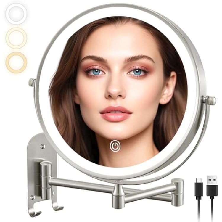 ALHAKIN 9 Wall Mounted Lighted Makeup Mirror, Rechargeable 1X15X Magnifying Mirror with 3 Color Lights Dimmable, 360 Rotation, Nickel