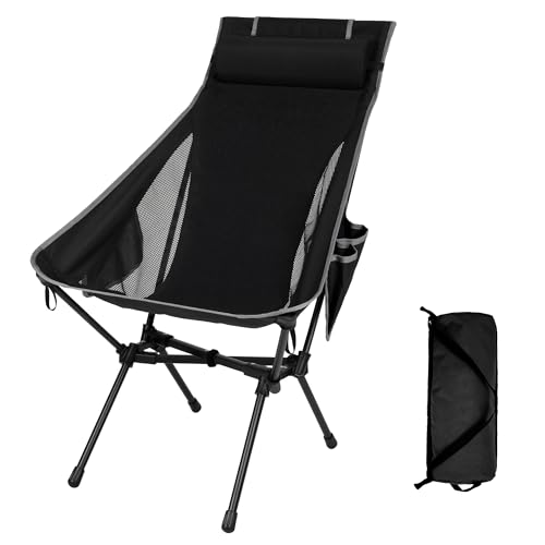 High Back Camping Chair for Adults, Folding Chair Supports 440 lbs, Lightweight Portable Backpacking Chair with Adjustable Pillow for Hiking & Camping