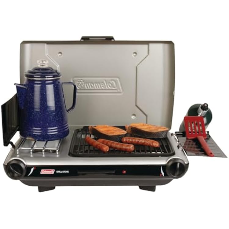 Coleman Tabletop 2-in-1 Grill & Stove with 2 Adjustable Burners, Propane GrillStove with Push-Button Starter, Wind Guards, Grease Tray, 20,000 BTUs of Power for Camping, Tailgating, More