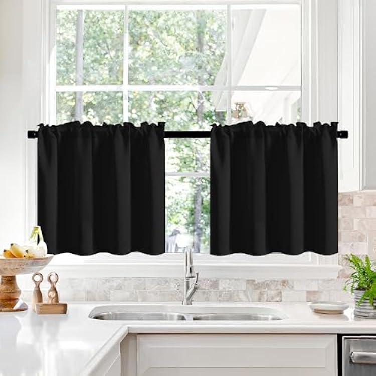 Deconovo Short Blackout Curtains Panels for BathroomKitchen - Thermal Insulated Rod Pocket Room Darkening Drapes, Noise-Reducing Curtains, 30W x 24L Inch, Black, 2 Panels