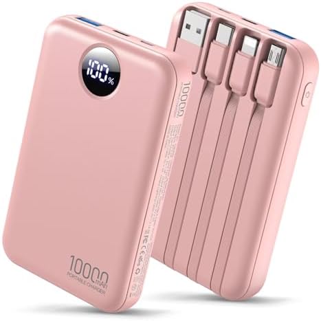 Portable Charger 10000mAh Power Bank with 4 Built-in Cables,LED Display Compact and Battery Pack with Multiple USB Ports All-in-One Travel Charger for iPhone,Android and Other Devices-Pink