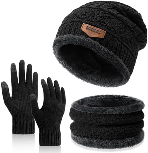 Winter Beanie Hat Circle Scarves Touchscreen Gloves Set, Warm Thick Fleece Lined Skull Cap Gloves Neck Warmer for Women Men