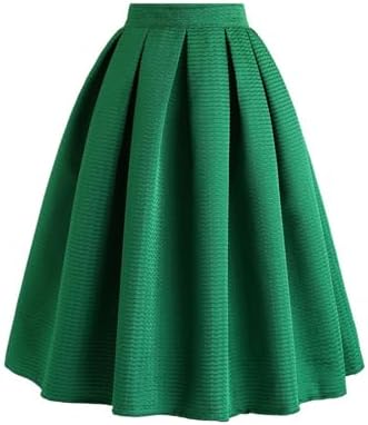 CHICWISH Womens Pleated Green Midi Skirt High Waist A Line Flared Mini Skirts Casual Cute Knee Length Skirt