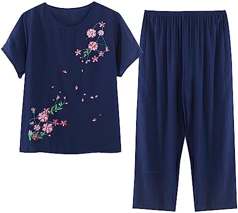 Plus Size Lounge Sets for Women Casual Summer Two Piece Outfits Cotton Linen Sets Short Sleeve Tops and Capri Pants