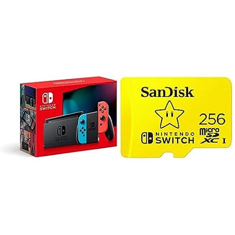 Nintendo SwitchTM with Neon Blue and Neon Red JoyConTM and SanDisk 256GB microSDXC Card, Licensed Switch