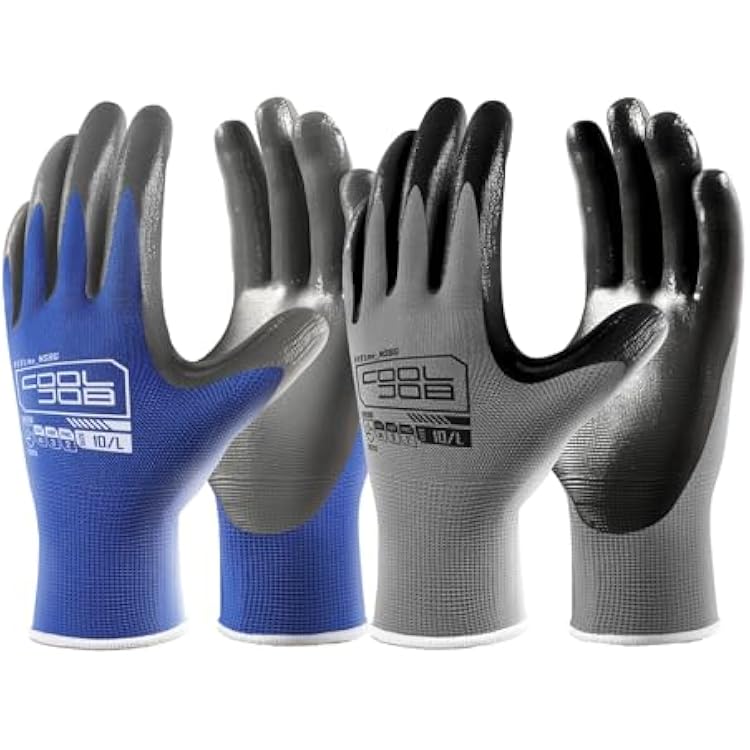 COOLJOB 10 Pairs Nitrile Dipped Safety Work Gloves with Grip, Non-slip Rubber Coated Bulk Garden Gloves for Men, Heavy-duty Oil Resistant for Truck Driver, Warehouse Box Handler, Large, Gray Blue