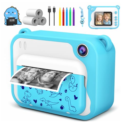 Kids Camera Instant Print, Dinosaur Instant Print Camera for Kids with 1080P Video, 32GB SD Card, 240 Photos, Christmas Birthday Gifts for Boys Girls Ages 3-12 Blue