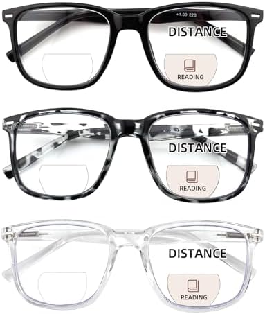 3 Pack Bifocal Reading Glasses for Women Men, PC Rectangle Bi-focal Readers with Spring Hinge Far & Near Vision