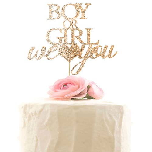 Boy or Girl Cake Topper, Gender Reveal Party Decor - He or She - Baby Shower Party Decorations Rose Gold Glitter
