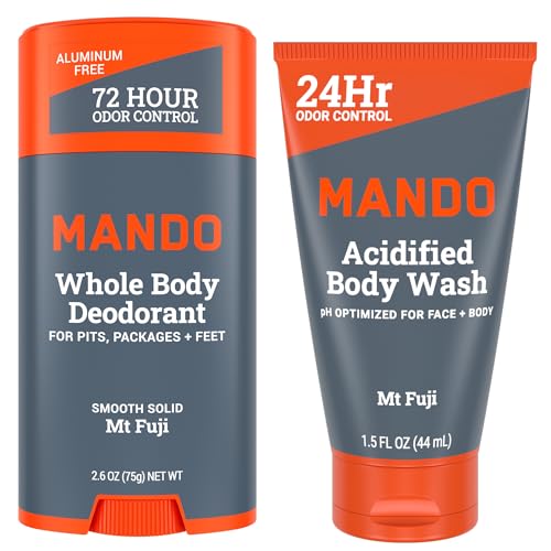 Mando Smooth Solid Stick 2.6 Ounce  Acidified Body Wash 1.5 Ounce - Clinically Proven to Block Odor All Day - Whole Body Safe For Pits, Packages  Feet Mt Fuji