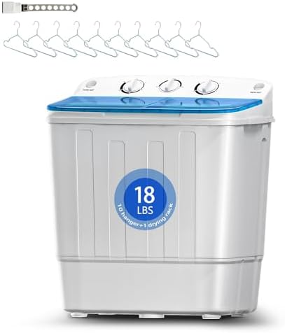 Portable Washing Machine, 18lbs Twin Tub 117lbs WasherSpinner with 10 Hangers and Drying Rack, for Powerful Stain Removal, Semi-Automatic Compact Washer for Dorms, Apartments, RVsBlue