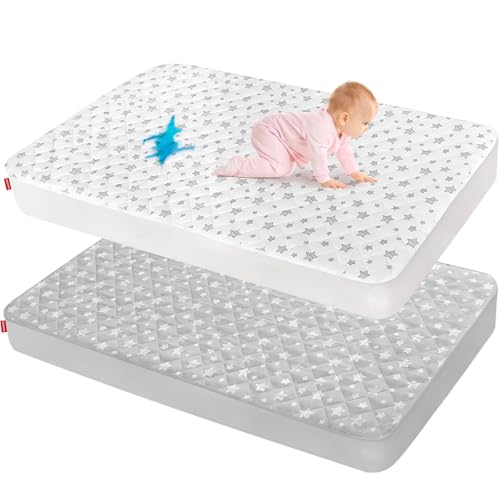 Waterproof Pack and Play Mattress Pad Protector 39 x 27 2 Pack, Compatible with Graco Pack n Play, Playard Mattress Protector, Grey & White Star