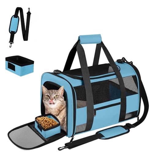 Airline Approved Pet Carrier Backpack for Cats & Dogs, Expandable Collapsible Cat Carrier with Breathable Mesh & Safety Leash, Portable Dog Travel Carrier for HikingCarTrain Blue