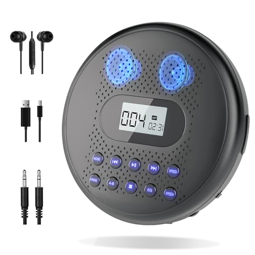 ARAFUNA Portable CD Player with Dual Stereo Speakers, Rechargeable CD Player for Car with Anti-Skip Protection, Headphones and AUX Cable Backlight Buttons