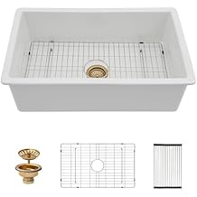 White Undermount Kitchen Sink 32 Inch - Glossy White Fireclay Drop In Kitchen Sink Dual Mount Heavy Duty Single Bowl Undermount Sinks Basin with Luxury Accessories 32"x19"x10"