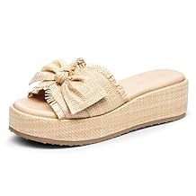Coutgo Womens Platform Wedge Sandals Bow Open Toe Slide Sandals Straw Slip On Summer Beach Shoes