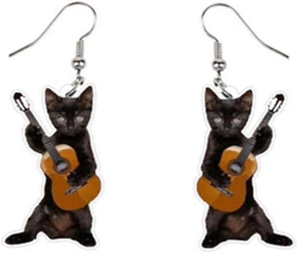 Bass Electric Guitar Black Cat Acrylic Earrings for Women Funny Cartoon Playing Guitar Flute Banjo Dancing Kitten Animal Pets Lightweight Dangle Drop Earrings for Animal's Lover Music Lover Fashion Jewelry Gifts