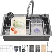32 x 19.7 Inch Black-Grey Stainless Steel Waterfall Kitchen Sink, Multifunctional Single Bowl Modern Kitchen Sink with Pull-Out Spray Faucet, Cup Washer, and Accessory