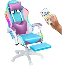 Pink Gaming Chair with Lights, Ergonomic Massage Computer Chair Height Adjustable, Girls Video Game Chair with 360 Swivel Seat & Headrest, Supports 300lbs for Home Office (Purple)