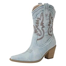 ANUFER Women's Embroidered Western Cowboy Boots Pointed Toe Block Heel Mid-Calf Cowgirl Boots