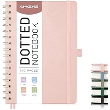 AHGXG Dotted Journal Spiral Notebook, Hardcover Leather Dotted Notebook 140 Pages, A5 Dot Grid Paper Notebook, 100 gsm Thick Paper, for Dotted Journaling, 5.7" x 8.3", Rose Gold