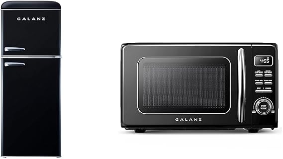 Galanz GLR46TBKER Retro Compact Refrigerator with Freezer Mini Fridge & GLCMKZ07BKR07 Retro Countertop Microwave Oven with Auto Cook & Reheat