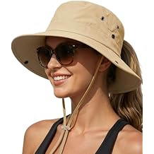 Women Sun Hat with Ponytail Hole, Wide Brim Sun Protection Foldable Bucket Hat for Beach Hiking Summer Outdoor Protection
