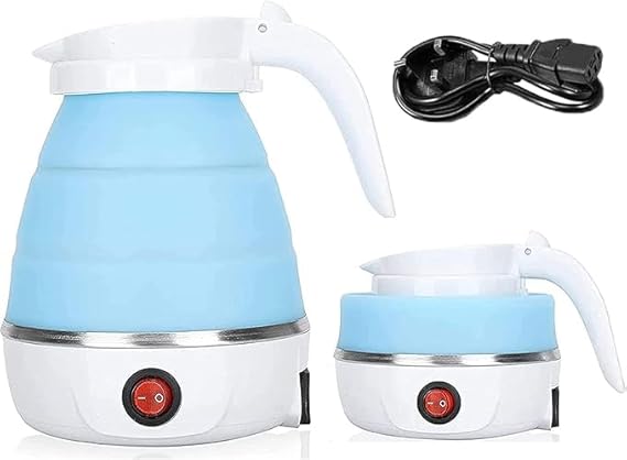 Foldable Electric Kettle, Mini Travel Kettle, Portable Collapsible Kettle for Camping with Separable Power Cord, Fast Boiling, 600ML (Blue)