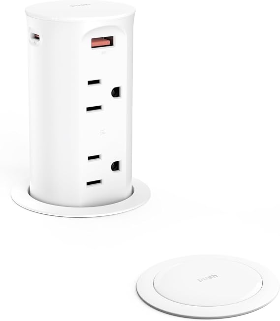 Jgstkcity Pop Up Outlet for Countertop,2.5in Hole,ETL Listed,White | Flush Mount, 20W USB-C, 4 USB Ports, 4 Tamper-Resistant 15A Outlets - Space-Saving Recessed Design,1875W