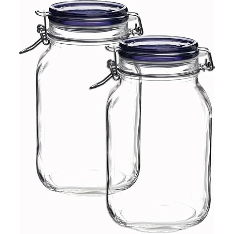 Bormioli Rocco Fido Collection, 2 Pack, 67.75 Oz. Food Storage Glass Jars, Airtight Rubber Seal & Glass Lid, With Stainless Wire Clamp,Made In Italy.