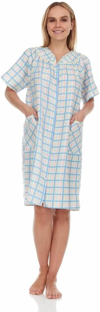 Womens Snaps Front Closure House Dress Short Sleeve Woven Housecoat Duster Lounger Robe