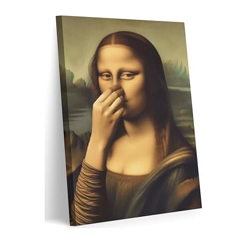 Funny Mona Lisa Bathroom Canvas Wall Art Pinching Nose Wall Decor Mona Lisa Classical Painting Picture Humor Amusing Toilet Art Vintage Whimsical Poster Print for Bathroom Home Decoration 12x16in