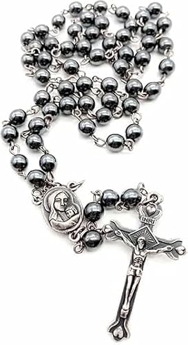 Nazareth Store Hematite Rosary Black Stone Beads Necklace With Jerusalem Holy Soil & Cross Velvet Gift Bag