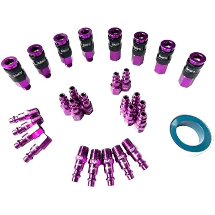 SANFU Air Hose Fittings, Aluminum AMT Universal Air Coupler and IM Industrial Type Air Plug Kit, 14 Inch Threads Size, 14 Inch Body Size, 29 Pieces Air Compressor Accessories Fittings KitPurple