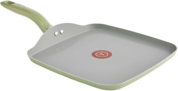 T-fal Recycled Ceramic Nonstick Square Griddle Pan 10.25 Inch Oven Safe 350F Pots and Pans, Cookware Green
