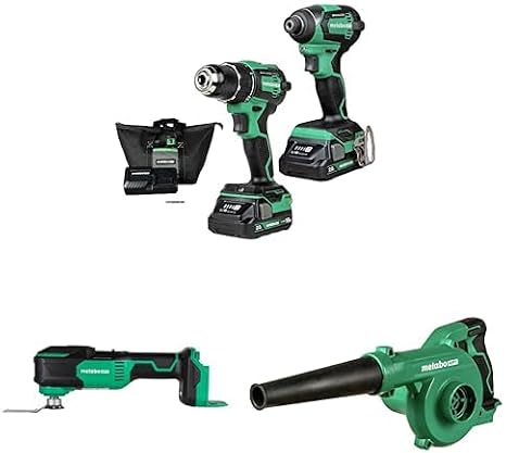 Bundle of Metabo HPT 18V MultiVoltTM Cordless Brushless Driver Drill & Impact Driver Combo Kit, Oscillating Multi-Tool, and Compact Blower