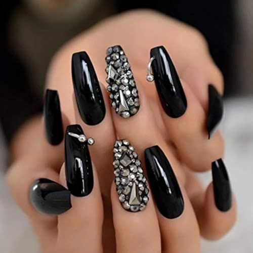 Black Silver 3D Crystal Design Press On Nails - Extra Long Square Coffin Ballerina Fake Nails with Rhinestones and Nail Glue, Reusable Nail Tips - Glue On Nails 24 Nail Kit, Dark Pixies
