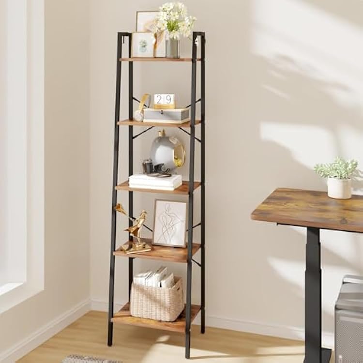 Hzuaneri Ladder Shelf, Bookshelf Bookcase, Freestanding Corner Storage Shelve with 2 Hooks for Home Office, Living Room, Kitchen, Bedroom, Industrial, 11.8 D x 17.3 W x 63 H, Rustic Brown BC19201B