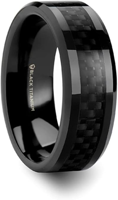 Thorsten Mens Black Titanium Carbon Fiber Ring | Inlaid, Beveled Comfort Fit | Carbon Fiber Titanium Band for Men | Durable, Sleek | OXYN | 6mm & 8mm Wide | Stylish, Available in Multiple Size