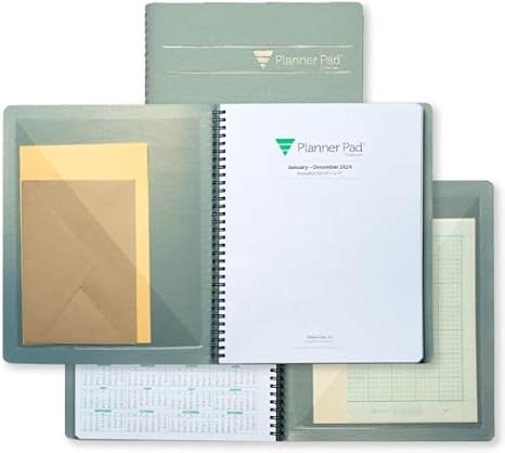 Spiral Bound October 2025 September 2026, Greenish Grey Cover/Soft Green Ink, 6 3/4" x 8 1/2" Medium Organizer and Front and Back Insta Pockets Combo