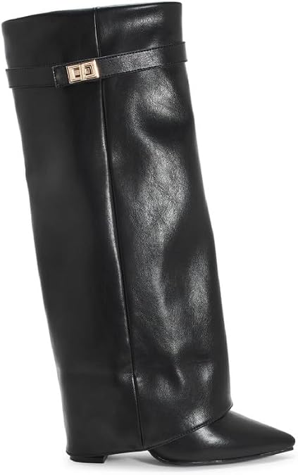 sole london LADIES Women's KNEE HIGH Fold Over Buckle Fashion Zip Pointed Block Heel Boots – Stylish Ruched Design – Comfortable Mid-Block Heel (4 INCH)– Faux Leather & Faux Suede