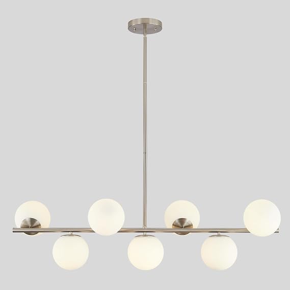 KCO Lighting 7-Light Linear Sputnik Chandelier Brushed Nickel Pendant Light | 31.5 Rod for Sloped Ceiling, 12W 3000K E26 Bulb Included, MCM White Milk Glass Light Fixture for Kitchen Island Dining Room