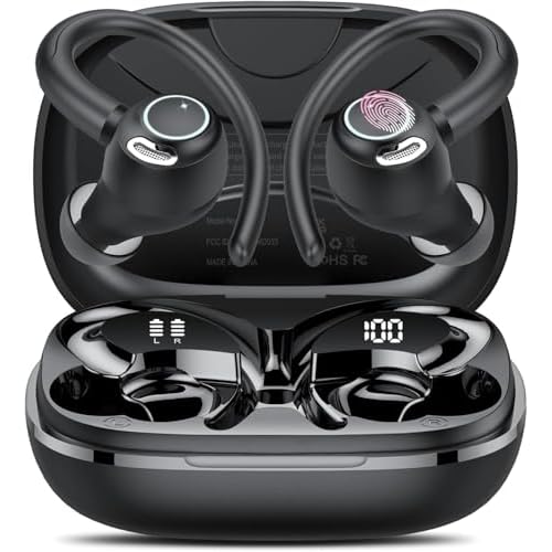 Wireless Earbuds, Bluetooth 5.4 Headphones Sport, Over Ear Buds With ENC Noise Cancelling Mic, 48H, Wireless Earphone With Earhooks, Stereo Deep Bass, IP7 Waterproof ear bud for Workout Running, Black