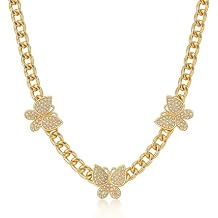 Butterfly Necklaces for Women Chunky Gold Necklace Rhinestone Butterfly Pearl Cuban Link Chain Necklace Bridal Wedding Party Prom Jewelry
