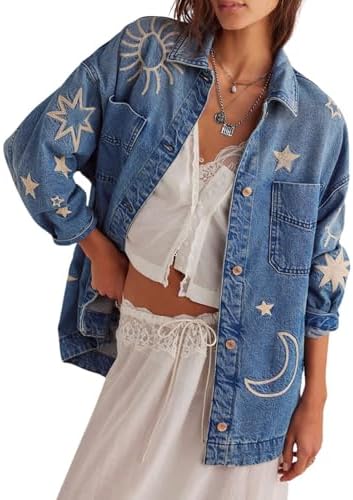 utcoco Womens Vintage Oversized Denim Jacket Embroidered Graphic Casual Loose Fit Button Down Jean Jacket