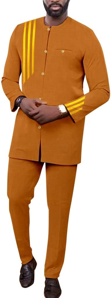 African Men's Suit Dashiki Blazer 2 Piece Set Shirt and Pants Traditional Ethnic Suit Long Sleeve Outfit Tracksuit (Color : Orange, Size : Small)