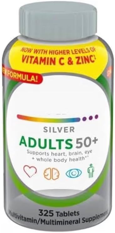 Silver Adults 50+ Multivitamin with Higher Vitamin C and Zinc, Heart Brain Eye Support, 325 Tablets
