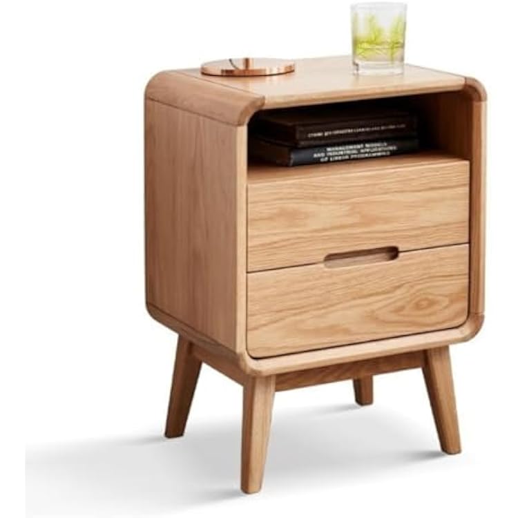100% Solid Oak Wood Bedside Table - Small Nightstand with Drawer and Shelf Storage - Low Side End Table for Bedroom,Living Room Two Drawers, Natural