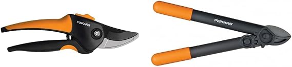 Fiskars 79436997J Softgrip Bypass Pruner, Black/Orange Small & 15 Inch PowerGear Super Pruner/Lopper